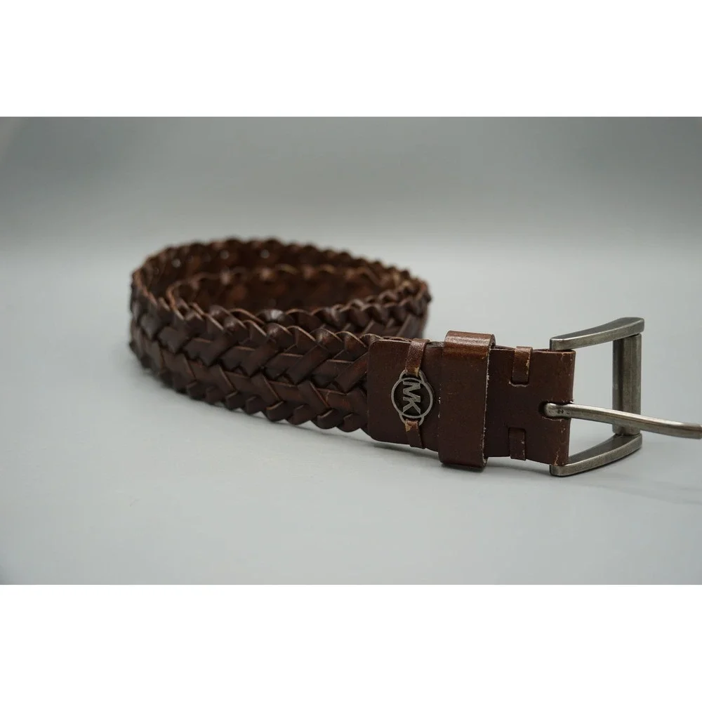 Michael Kors Mens Braided Leather Belt Brown 32 Woven MK Logo 28357